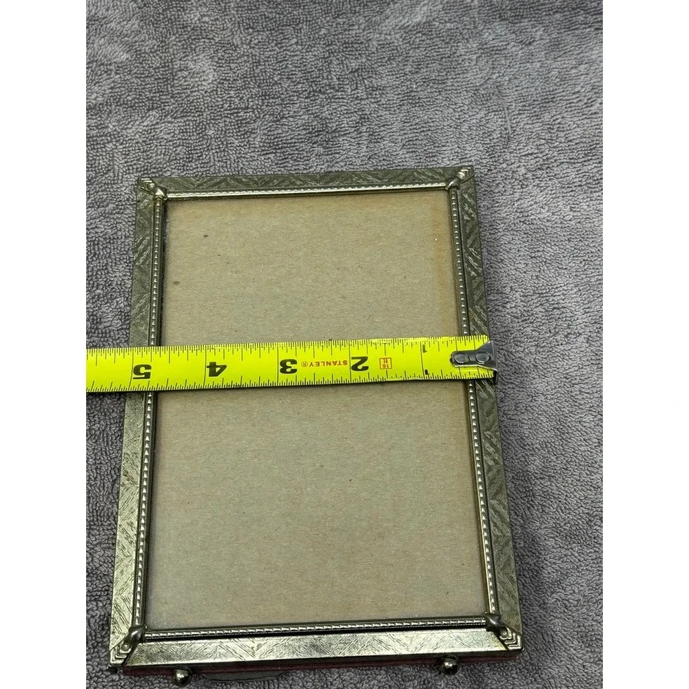 Vtg 5x7 Gold Tone Metal Picture Frame Ornate Etched Ball Feet Tabletop Art Deco